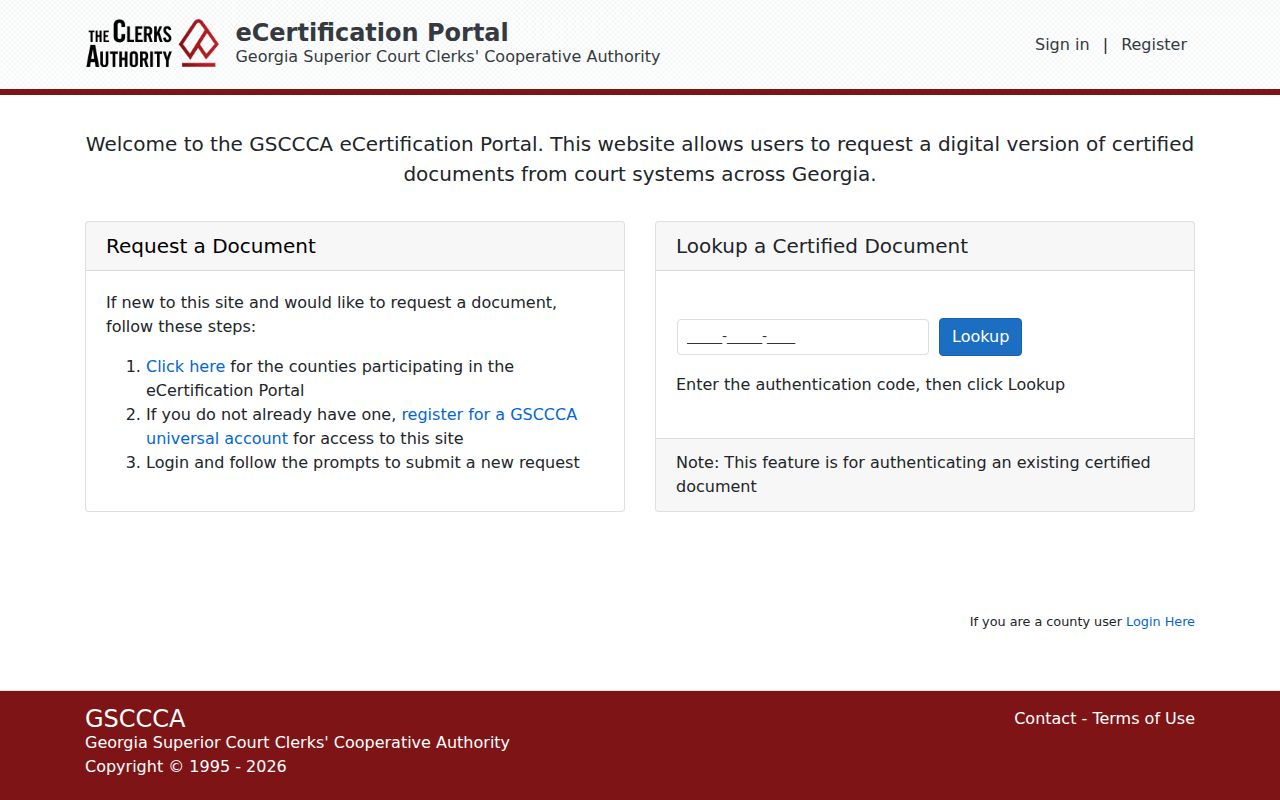 GSCCCA eCertification login page for requesting certified Polk County court documents