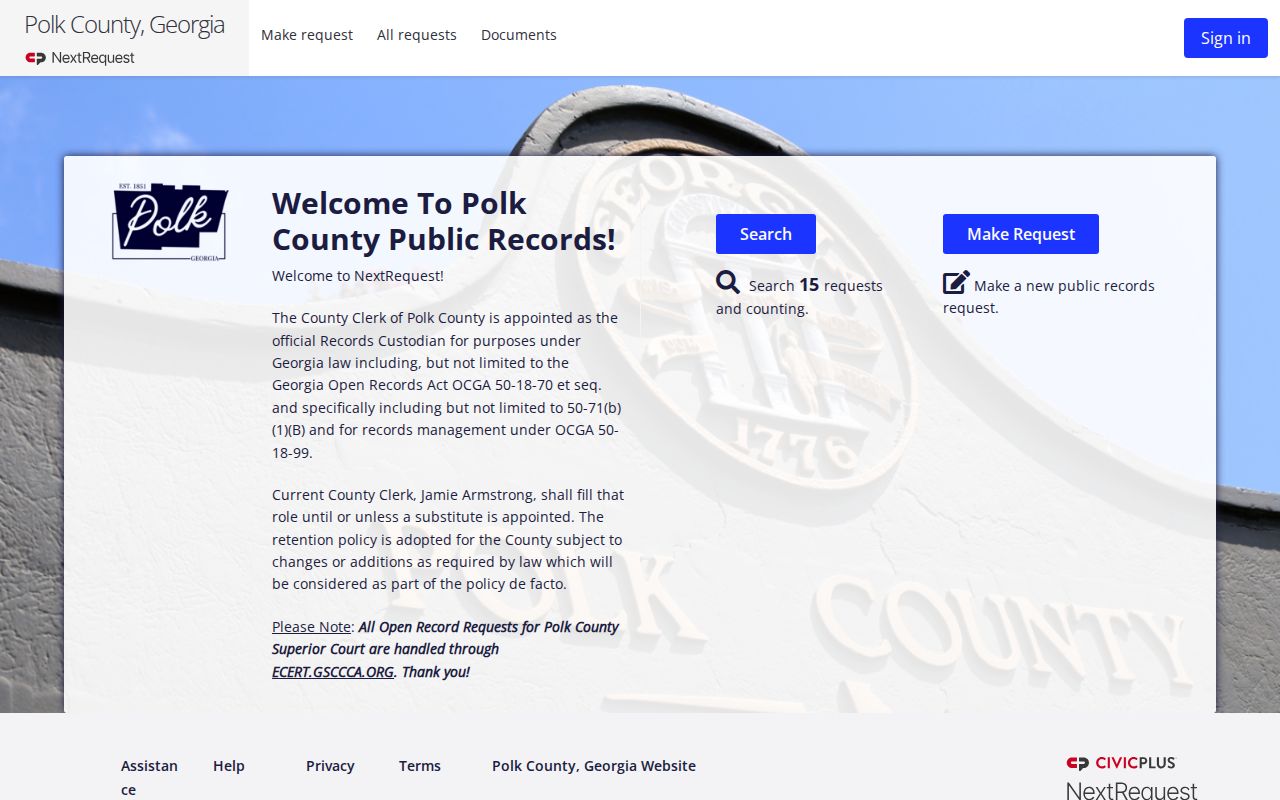 Polk County NextRequest landing page showing the county records-request portal and custodian route