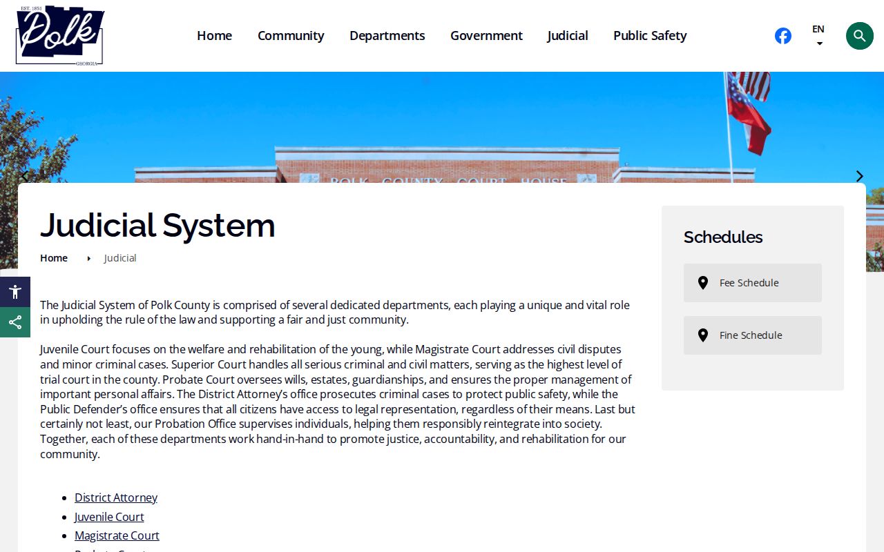 Polk County Judicial Department page with Superior, Magistrate, Probate, and Juvenile Court links for warrant lookup routing