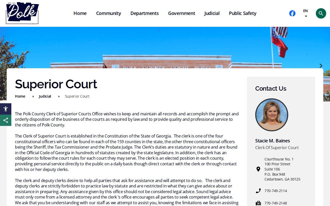 Polk County Superior Court page showing clerk contact details, public-terminal information, and certified-document guidance