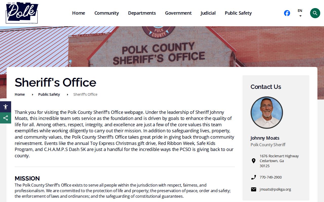 Polk County warrant records contact page from the Sheriff's Office